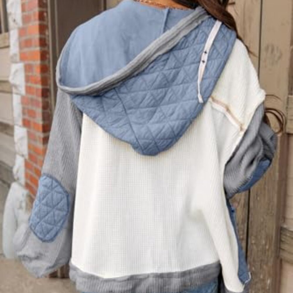 Quilted Patchwork Shacket Hooded Jacket Loose Fit… - image 3